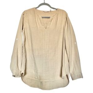 Soft Surroundings Gauze Cotton Vneck Tunic Top Roll-tab Sleeves Beige Tan Size M